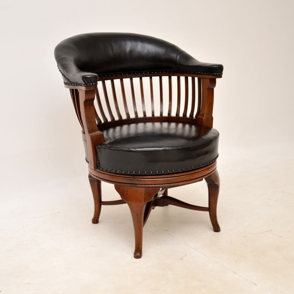 Antique Victorian Leather & Mahogany Swivel Desk Chair
