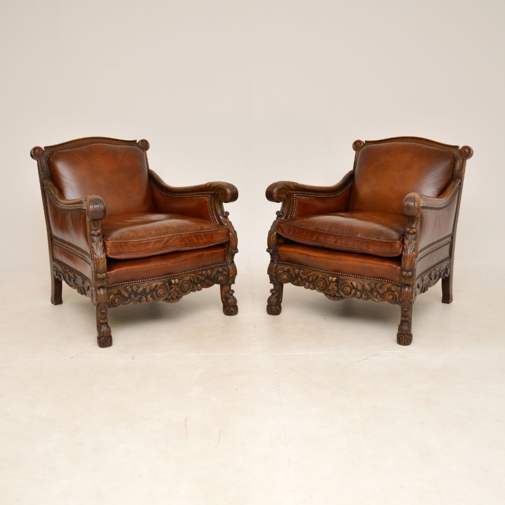 Pair of Antique Swedish Leather & Oak Bergere Armchairs
