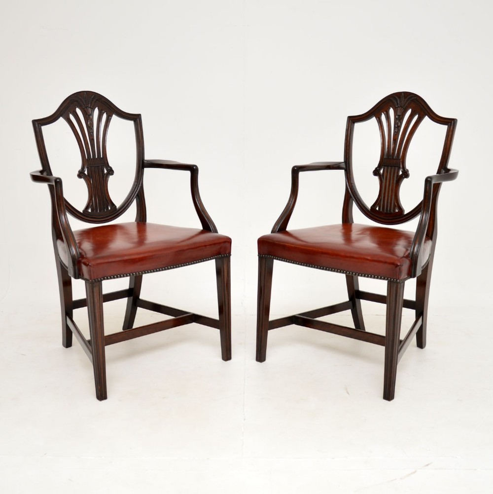 Pair of Antique Mahogany & Leather Carver Armchairs

