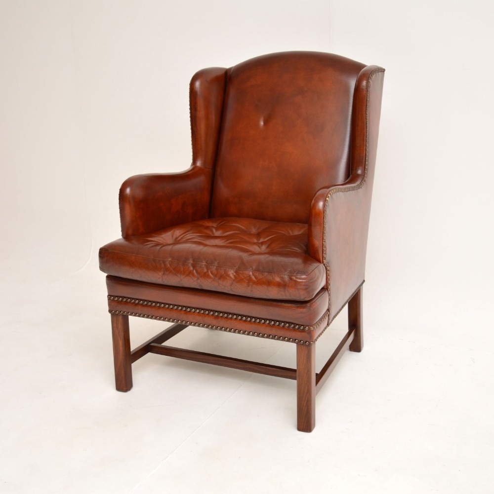 Antique Swedish Leather Wing Back Armchair