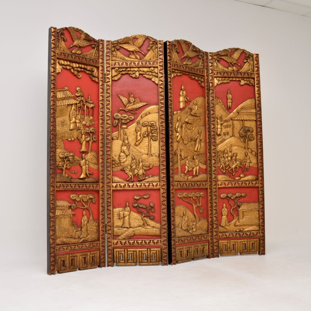 Antique Lacquered Oriental Folding Screen / Room Divider
