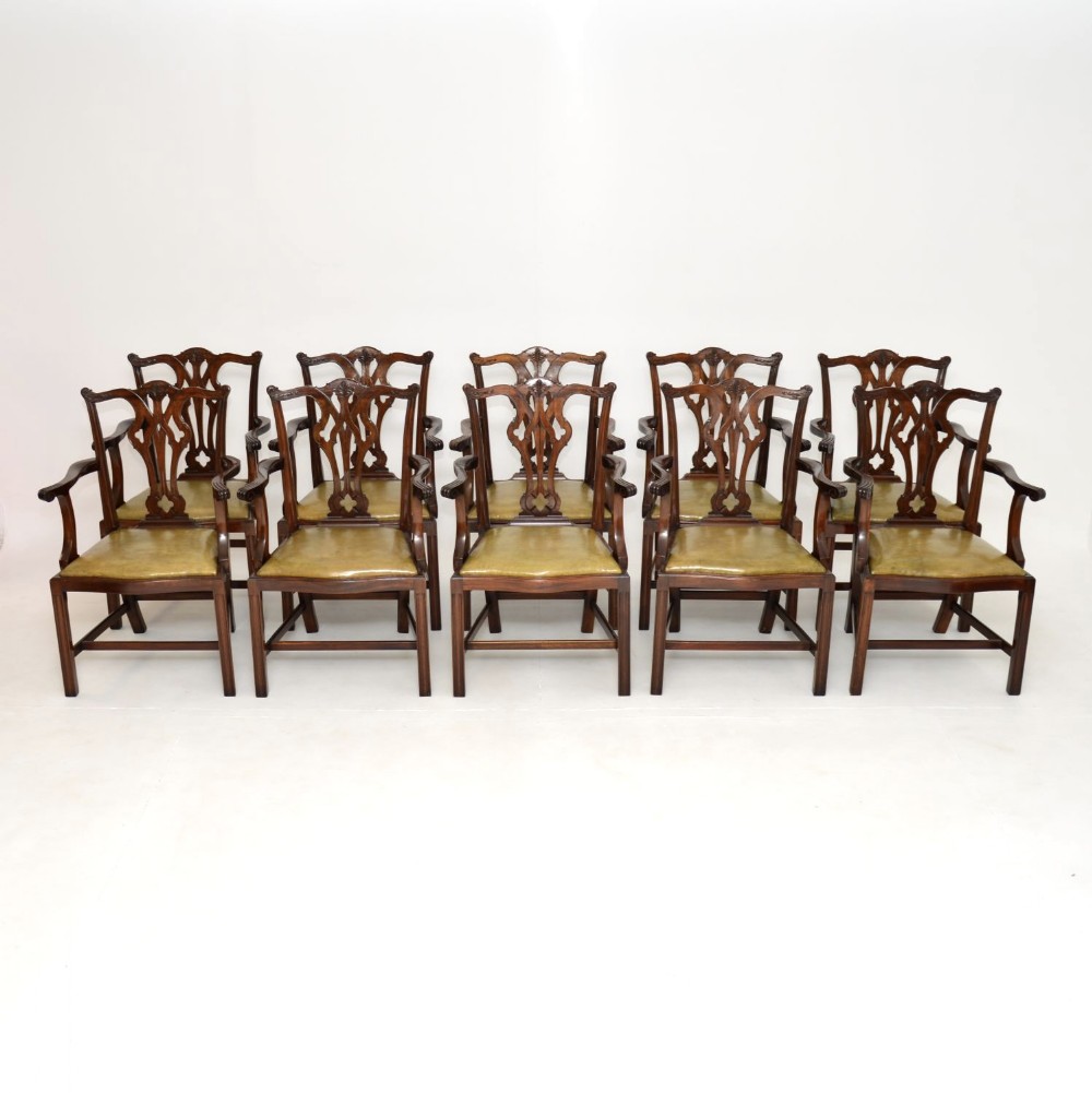 Set of 10 Antique Mahogany Chippendale Carver Dining Chairs