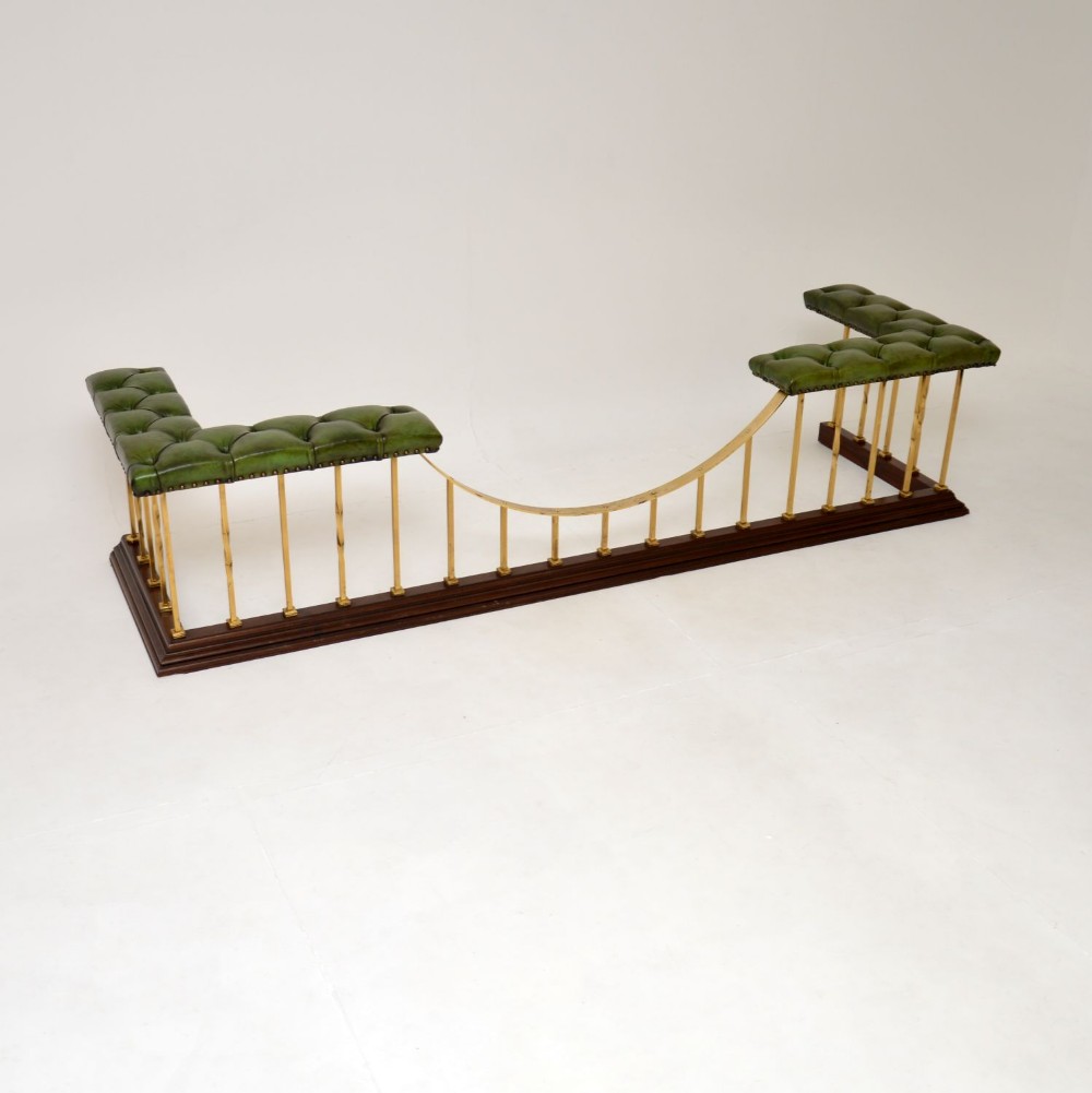 Antique Leather, Brass and Mahogany Fireplace Fender
