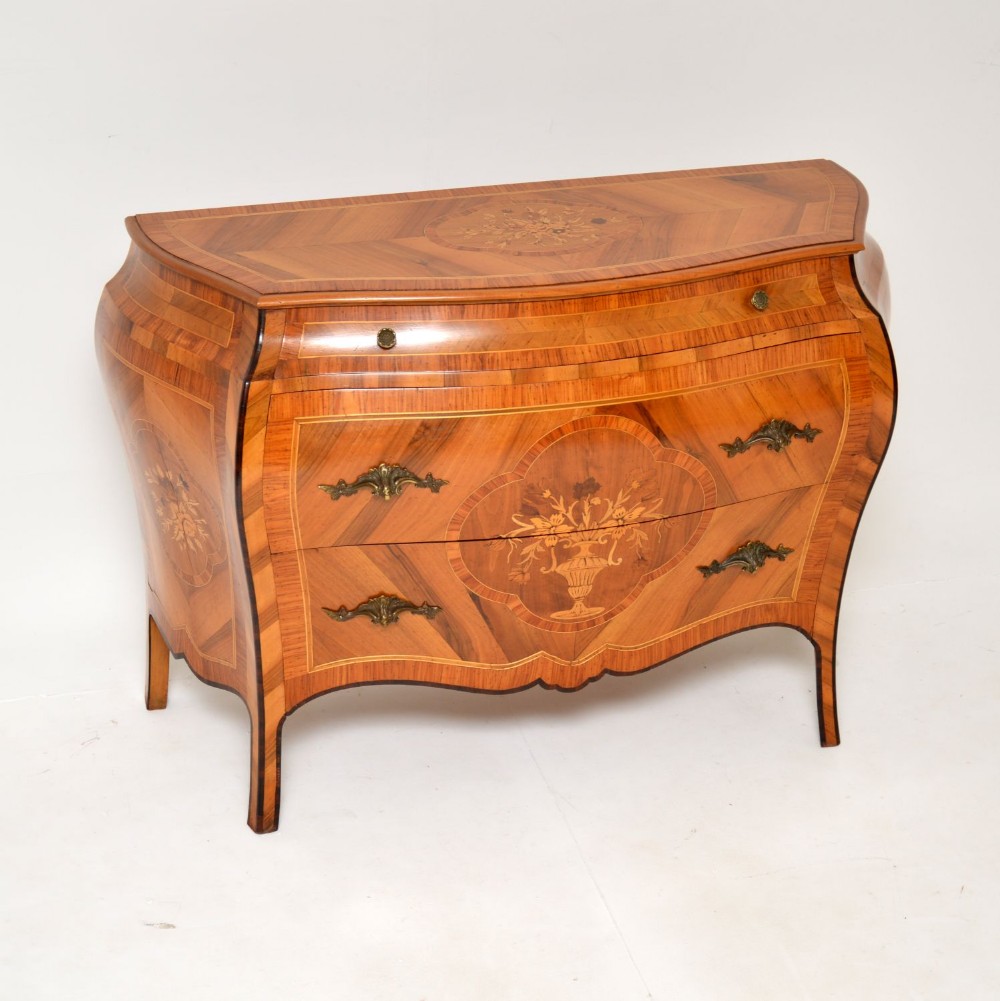 Antique Dutch Inlaid Marquetry Bombe Commode in Olive Wood
