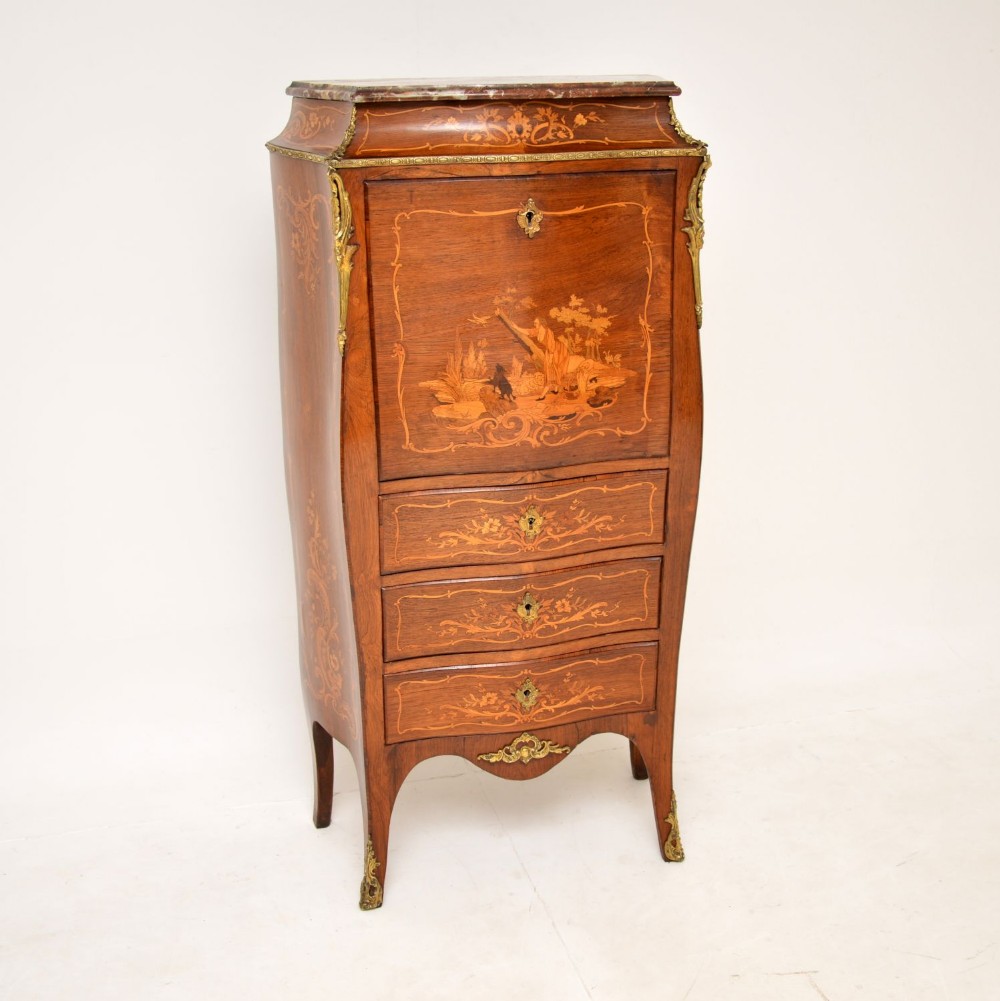 Antique French Inlaid Rosewood Marble Top Bombe Secretaire Chest
