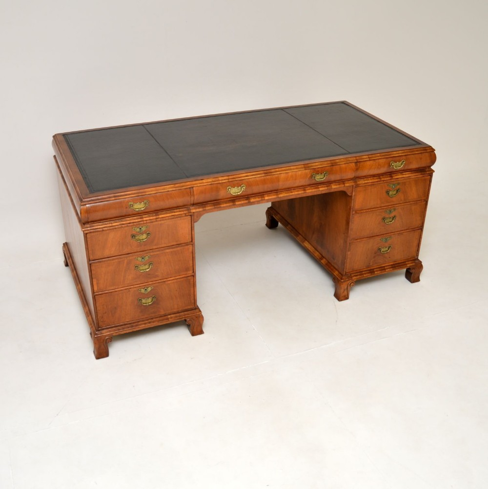 Large Antique Walnut Leather Top Partners Desk
