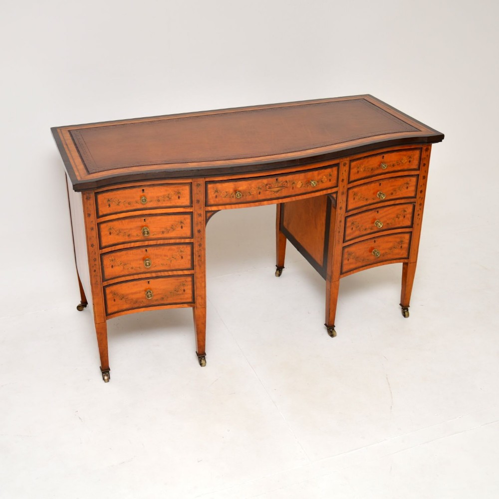 Antique Victorian Inlaid Satin Wood Leather Top Desk
