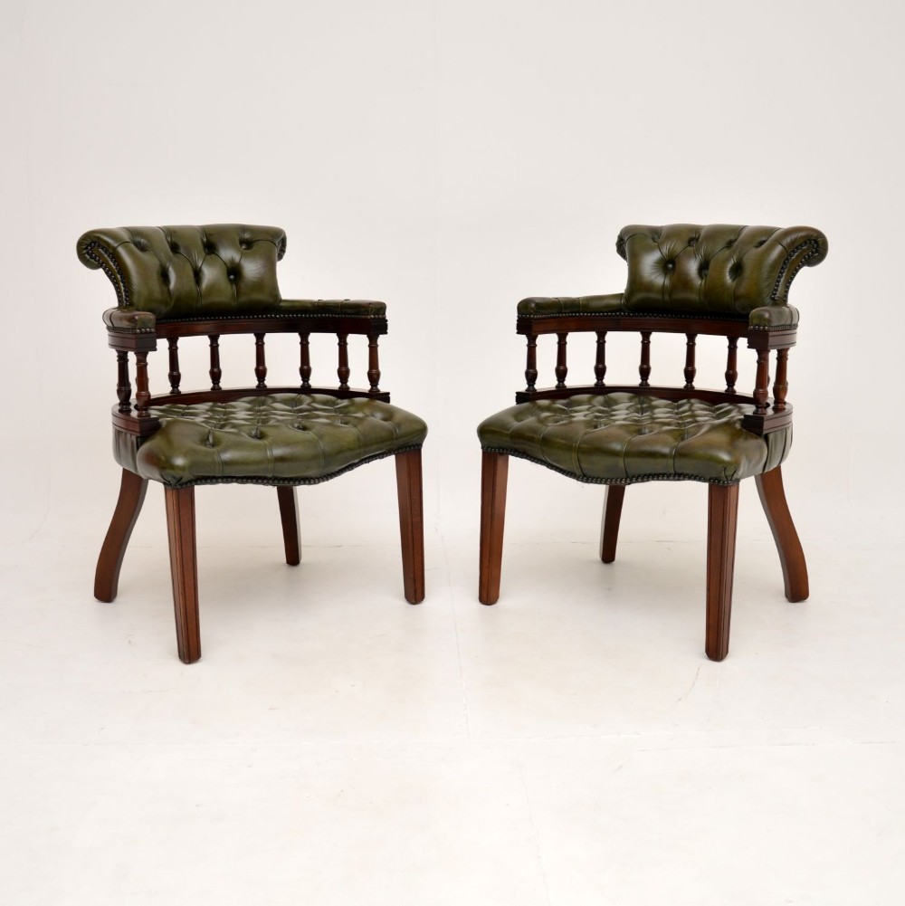 Pair of Antique Leather and Mahogany Captains Armchairs
