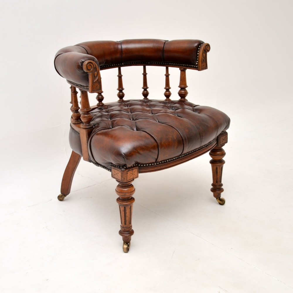 Antique Victorian Leather and Mahogany Desk Chair
