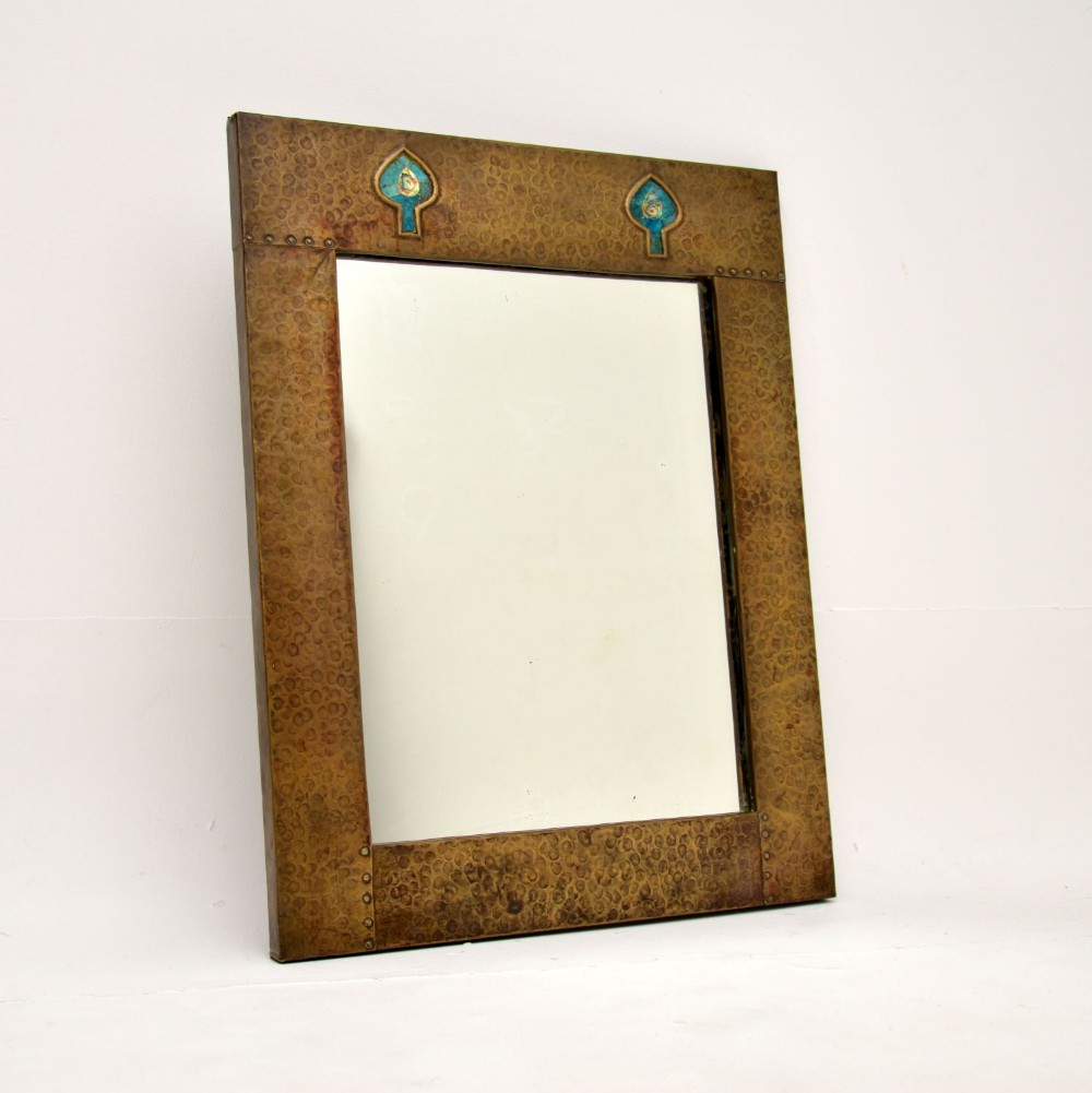Antique Art Nouveau Beaten Brass Mirror
