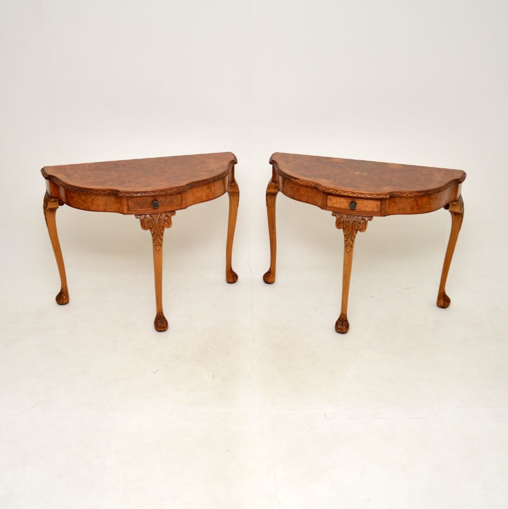 Pair of Antique Queen Anne Style Burr Walnut Console Tables
