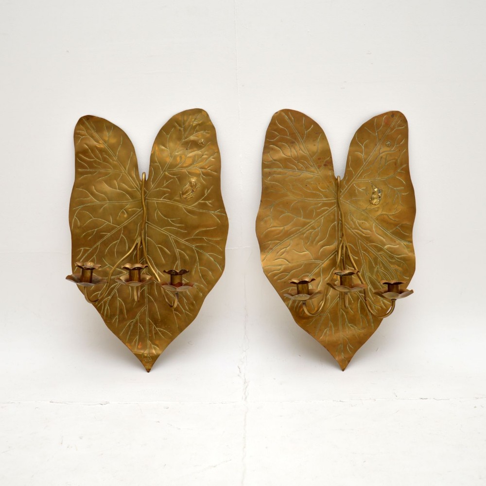 Pair of Antique Art Nouveau Brass Wall Mounting Candelabras
