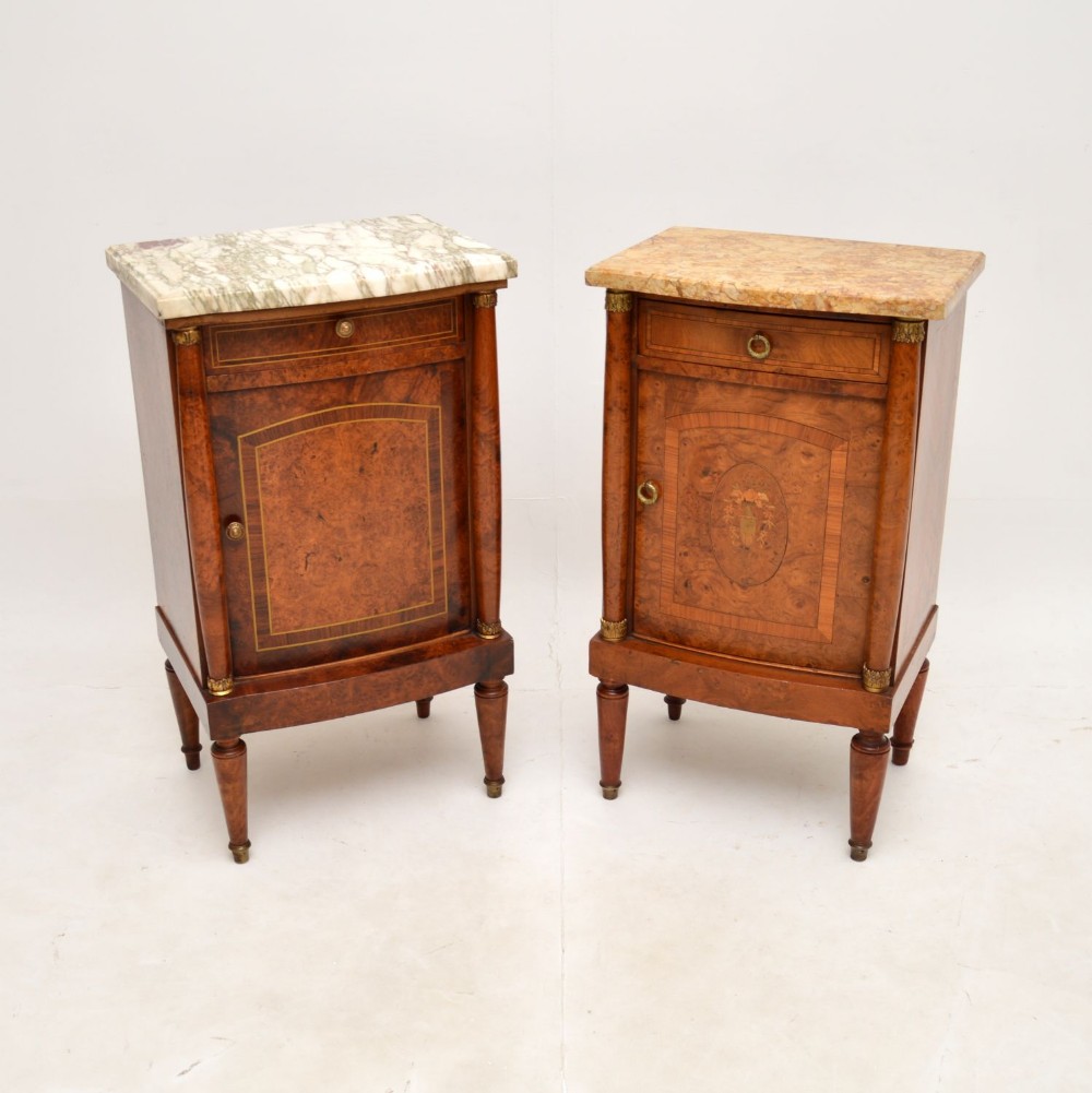 Matched Pair of Antique French Marble Top Bedside Cabinets
