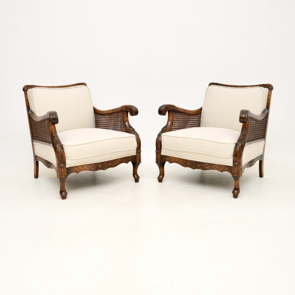 Pair of Antique Swedish Satin Birch Bergere Armchairs
