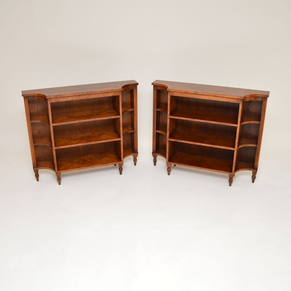 Pair of Antique Burr Walnut Open Bookcases
