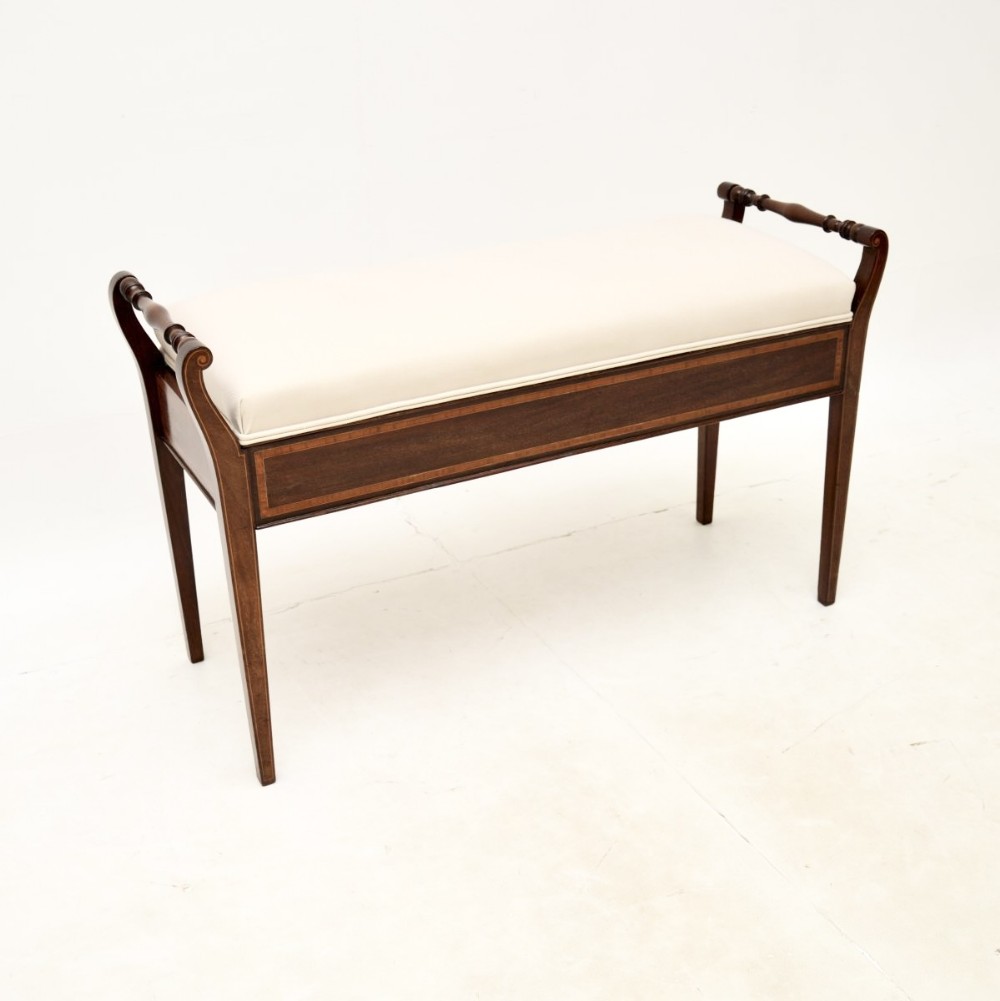 Antique Edwardian Inlaid Mahogany Duet Piano Stool
