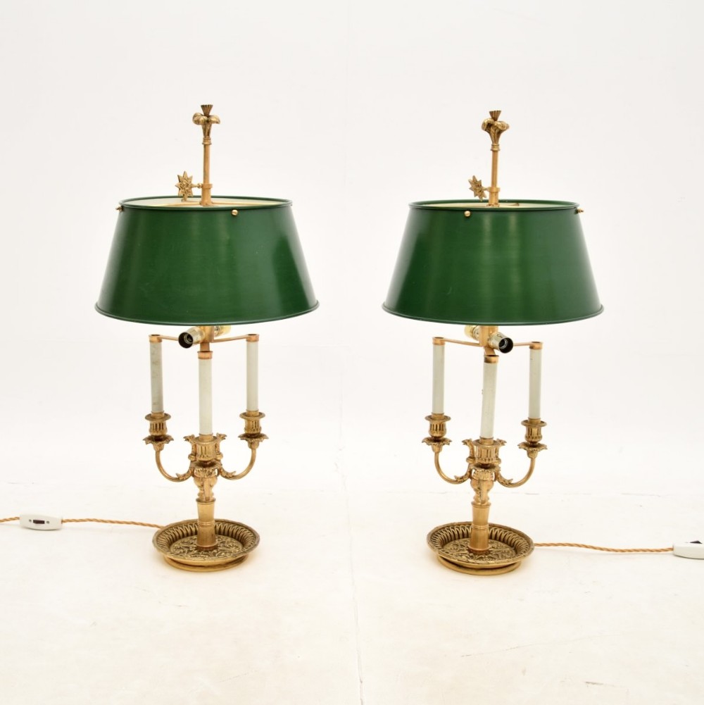 Pair of Antique Brass Table Lamps with Tole Shades
