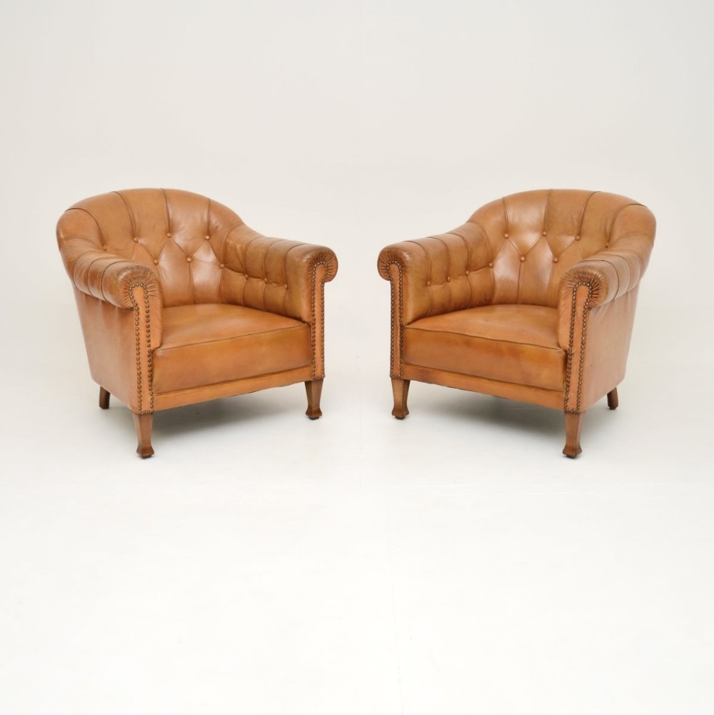 Pair of Antique Swedish Leather Club Armchairs
