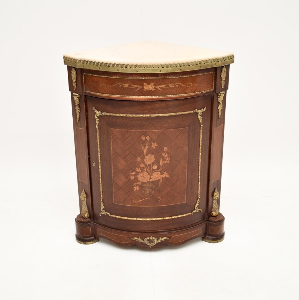 Antique French Inlaid Walnut Marble Top Corner Cabinet
