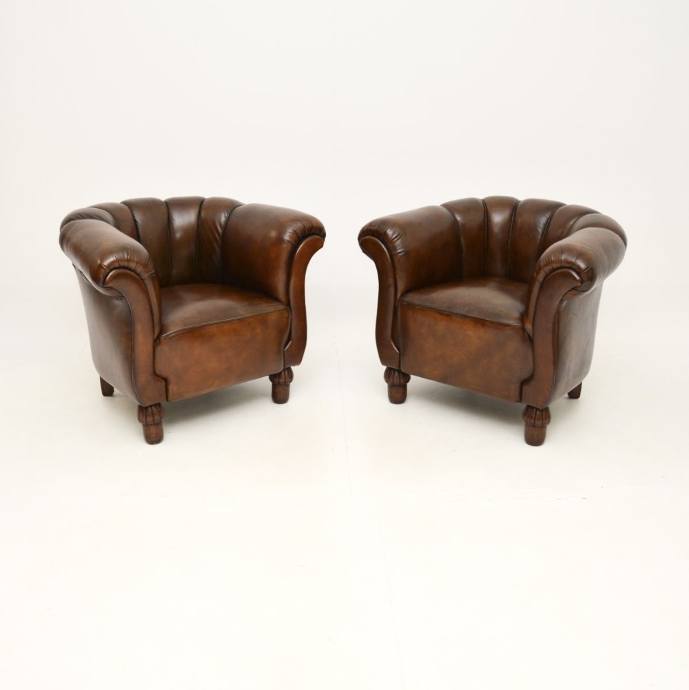 Pair of Antique Swedish Leather Club Armchairs
