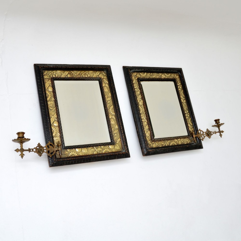 Pair of Antique Victorian Bevelled Brass & Wood Mirrors
