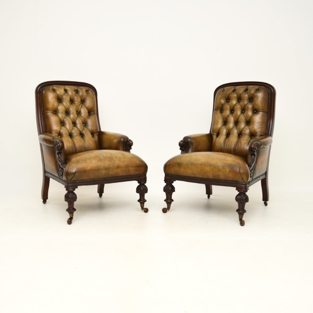 Pair of Antique William IV Mahogany and Leather Library Armchairs
