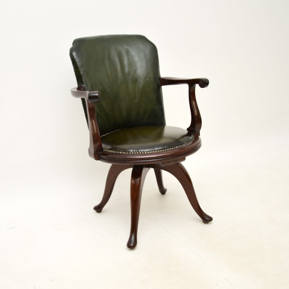 Antique Victorian Leather and Mahogany Swivel Desk Chair
