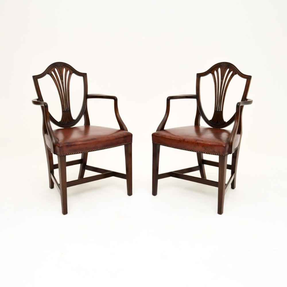 Pair of Antique Mahogany and Leather Carver Armchairs
