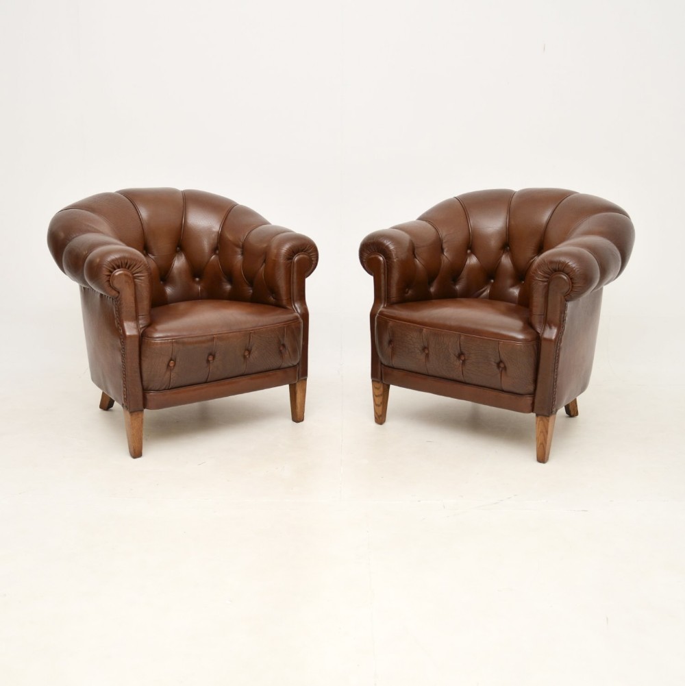 Pair of Antique Swedish Leather Club Armchairs
