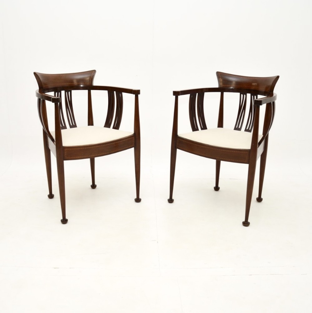 Pair of Antique Inlaid Mahogany Arts and Crafts Armchairs
