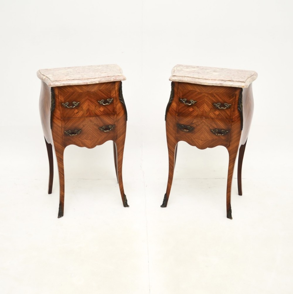 Pair of Antique French Inlaid Marquetry Marble Top Bedside Chests
