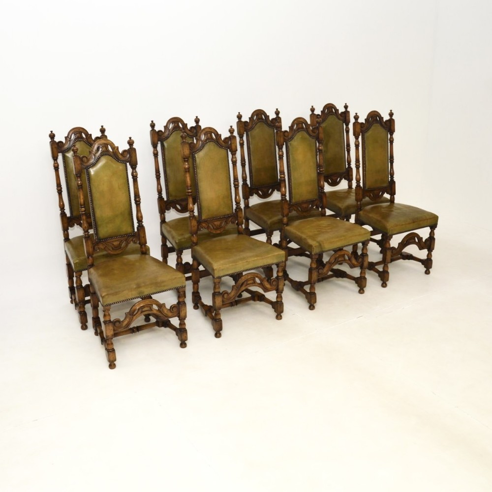 Set of Eight Antique Leather and Oak Dining Chairs
