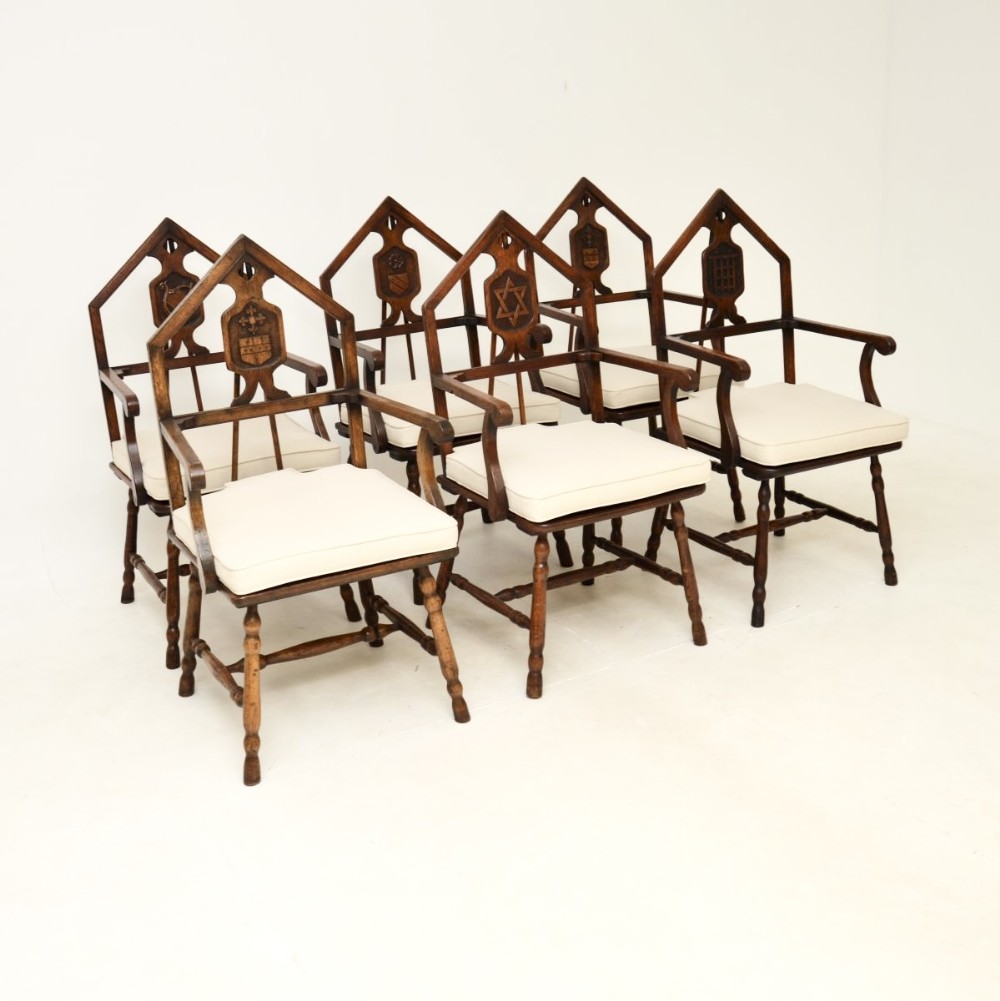 Set of Six Antique Victorian Oak Masonic Dining Chairs
