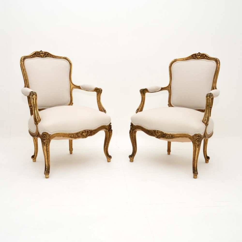 Pair of Antique French Gilt Wood Salon Armchairs
