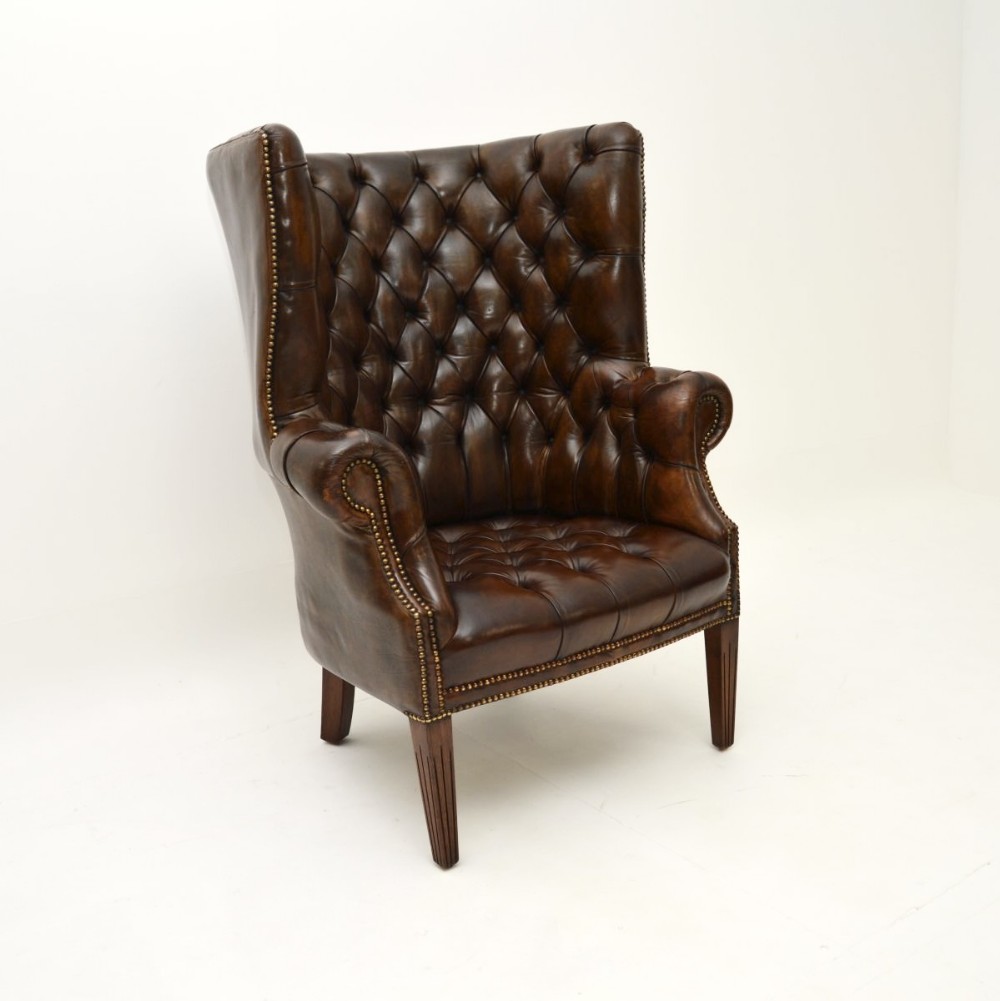 Antique Leather Barrel Back Wing Armchair
