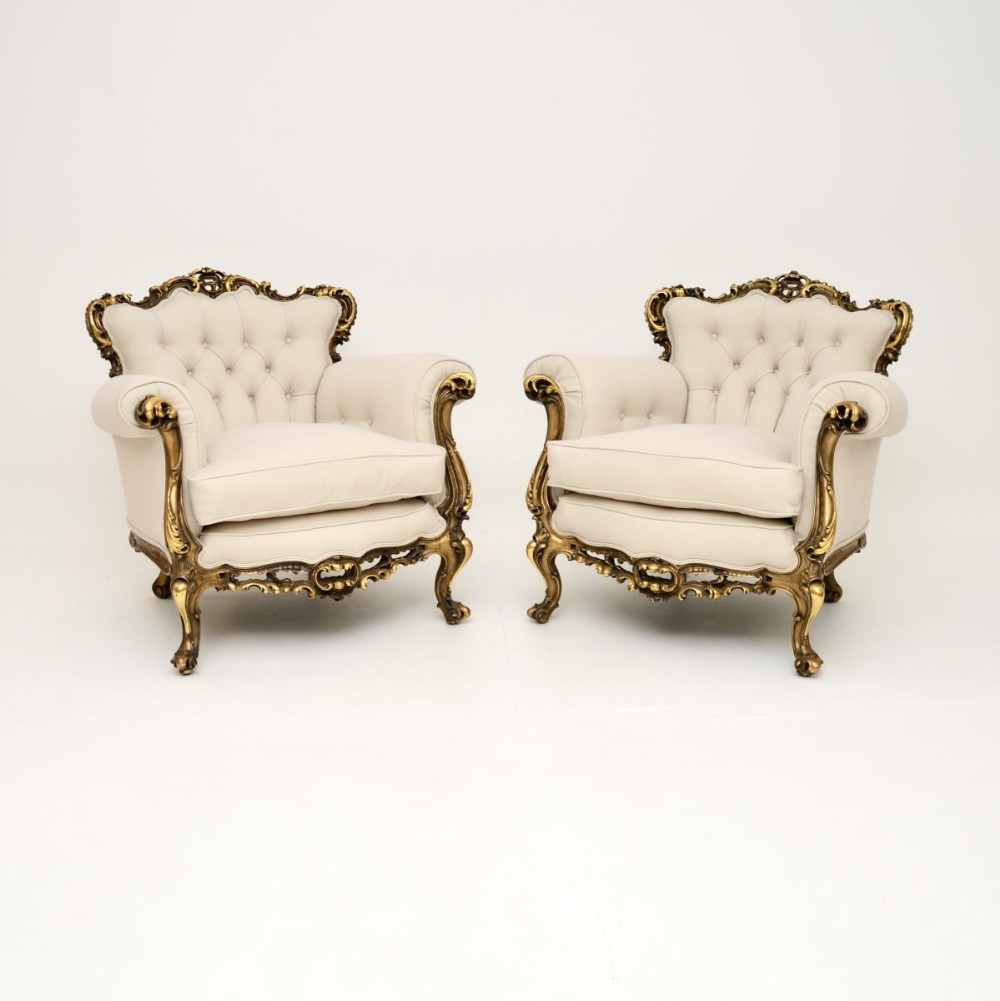 Pair of Antique French Gilt Wood Armchairs
