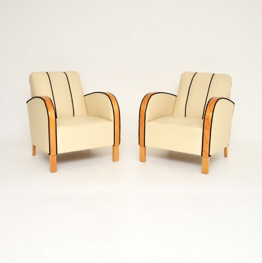 Pair of Swedish Art Deco Armchairs in Leather and Satin Birch
