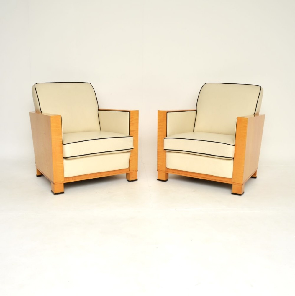 Pair of Swedish Art Deco Armchairs in Leather and Satin Birch

