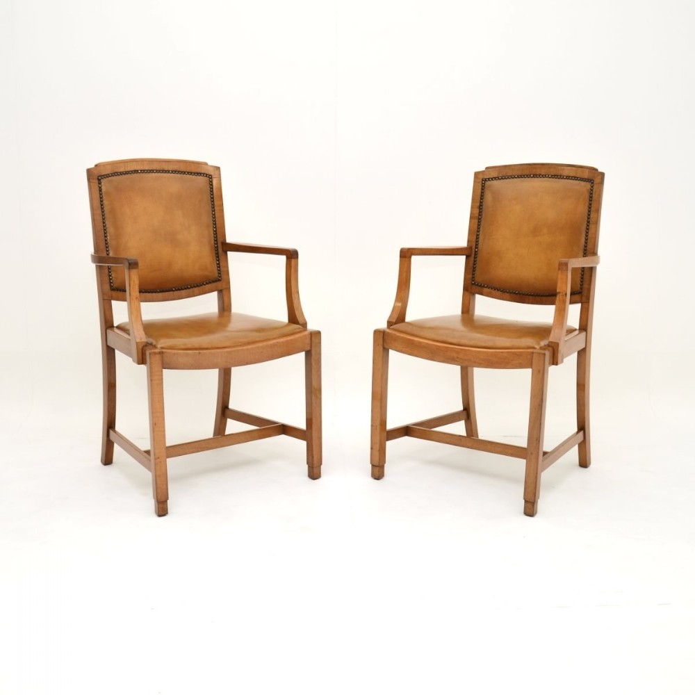 Pair of Art Deco Walnut and Leather Carver Armchairs
