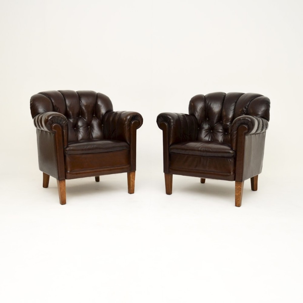 Pair of Antique Swedish Leather Club Armchairs
