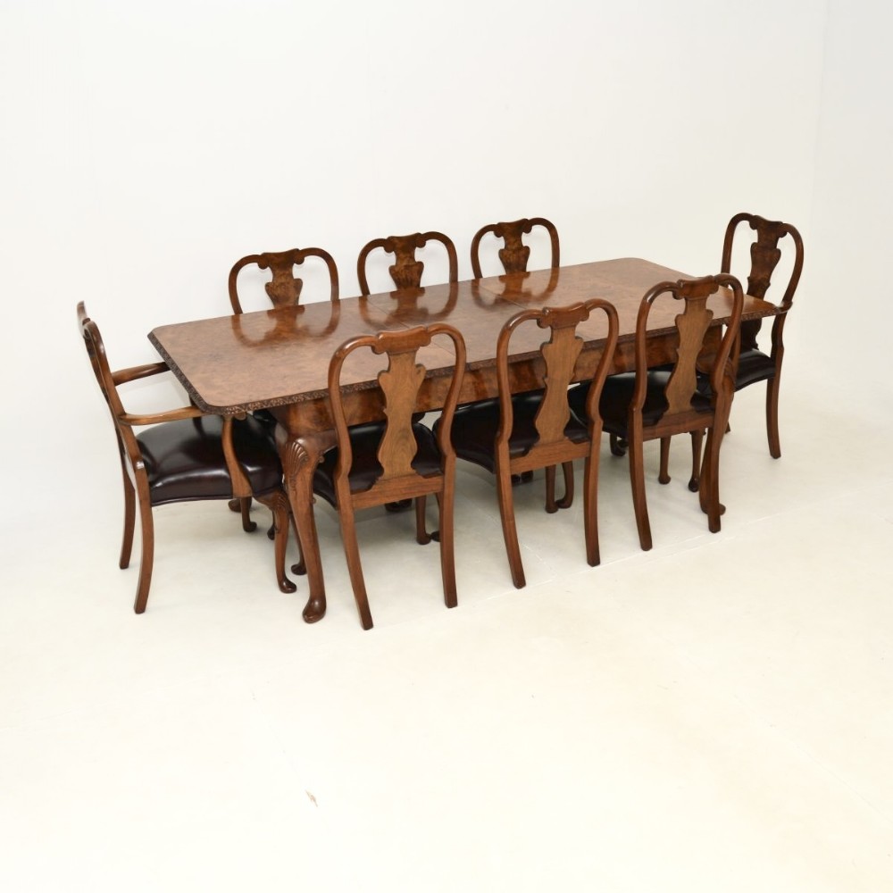 Antique Queen Anne Style Burr Walnut Dining Table and Chairs
