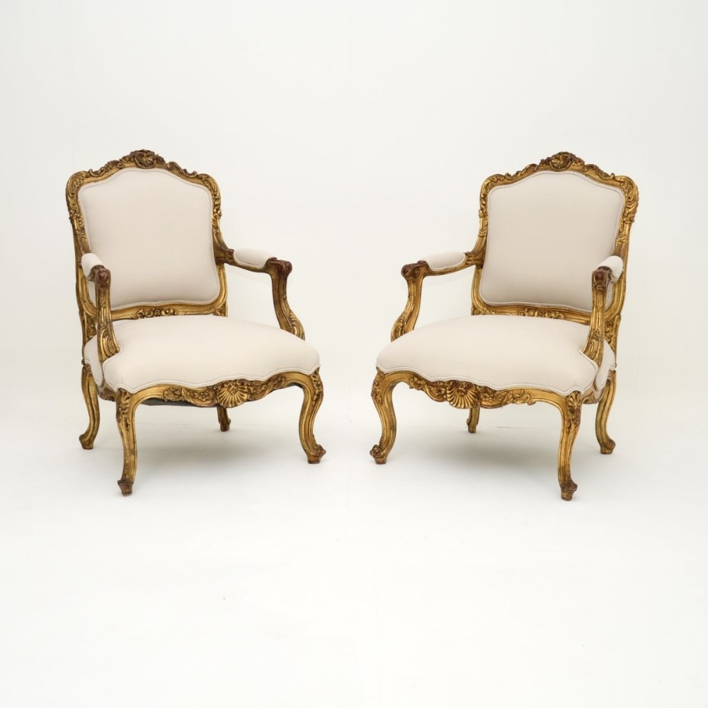 Pair of Antique French Gilt Wood Armchairs

