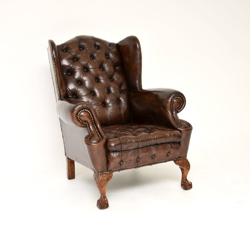 Antique Leather Wing Back Armchair
