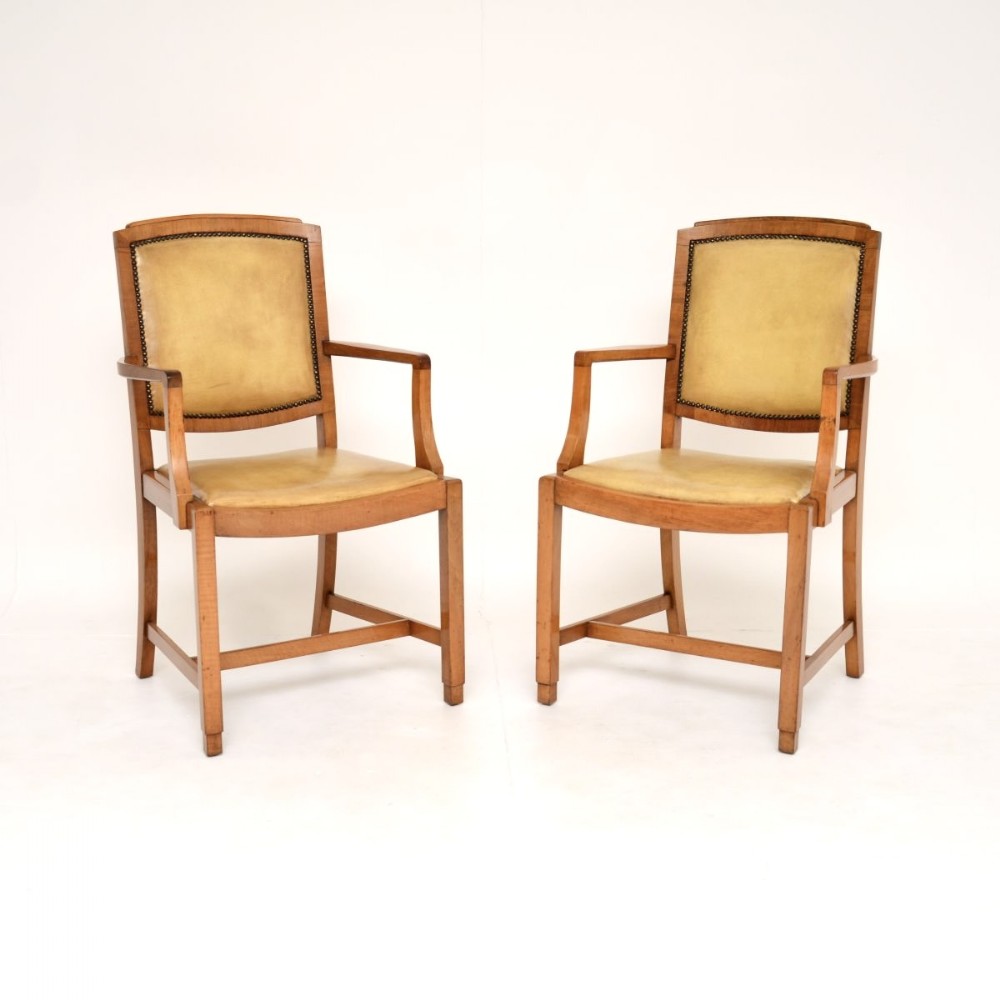 Pair of Art Deco Walnut and Leather Carver Armchairs
