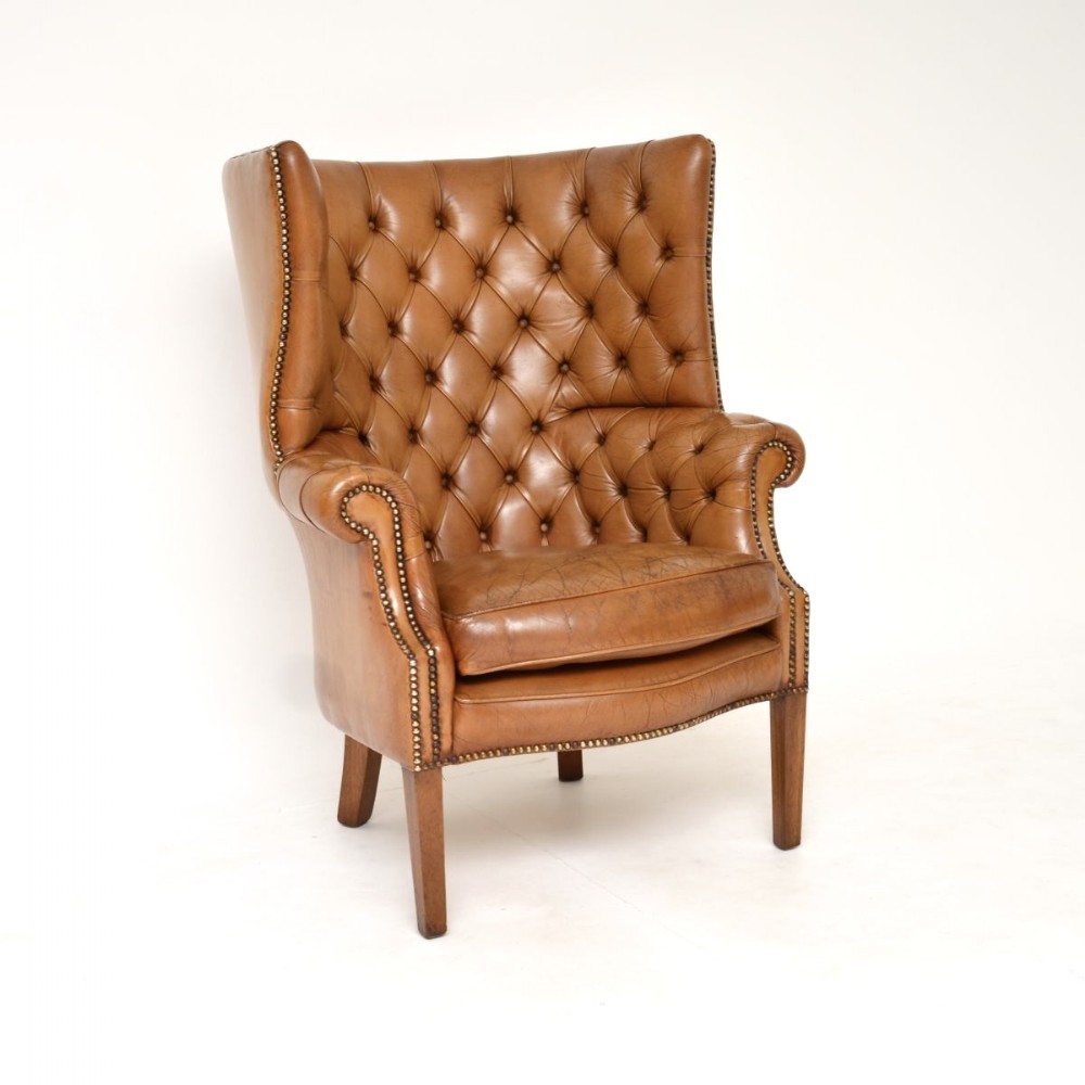 Antique Leather Barrel Back Wing Armchair
