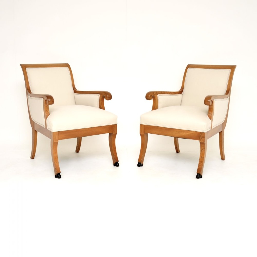 Pair of Antique Swedish Neoclassical Solid Elm Armchairs
