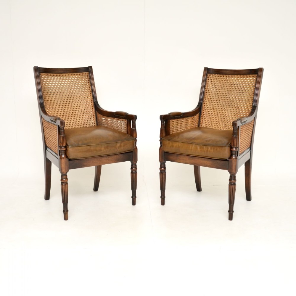 Pair of Antique Regency Style Mahogany and Leather Cane Back Armchairs
