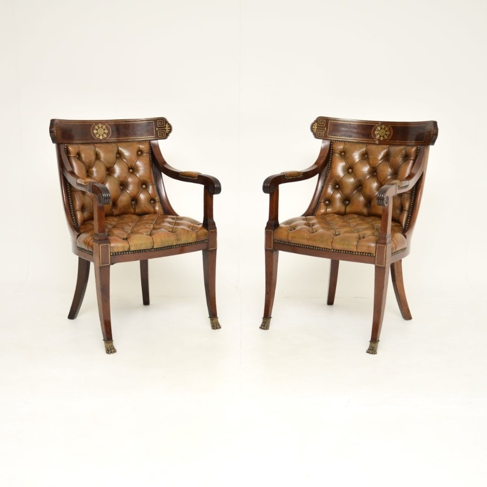 Pair of Antique Regency Period Brass Inlaid Mahogany and Leather Armchairs
