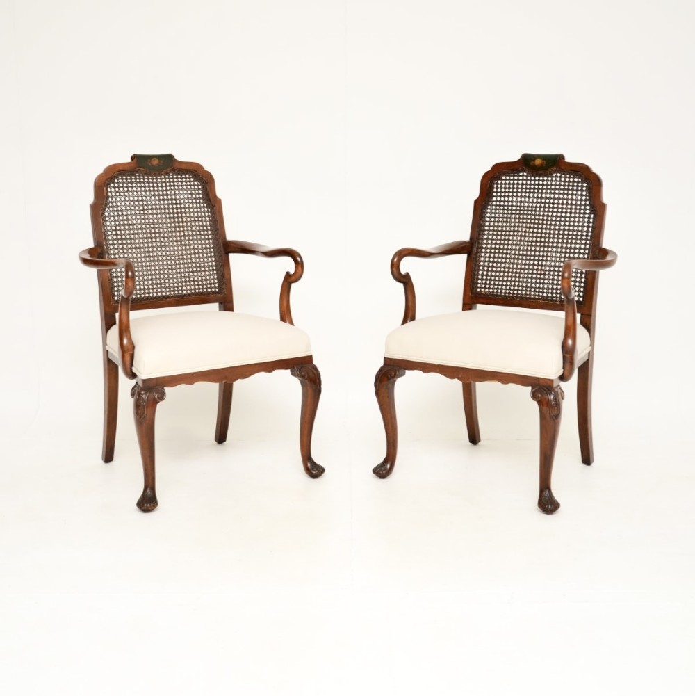 Pair of Antique Edwardian Lacquered Walnut and Cane Armchairs
