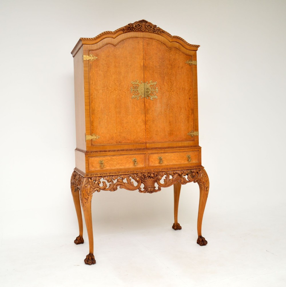 Antique Burr Walnut Queen Anne Style Cocktail Drinks Cabinet
